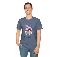 Male wearing T-shirt featuring a cute golden doodle puppy wearing an American flag bow tie and holding a small U.S. flag, with the phrase 'Born to Be Free' printed below the image.