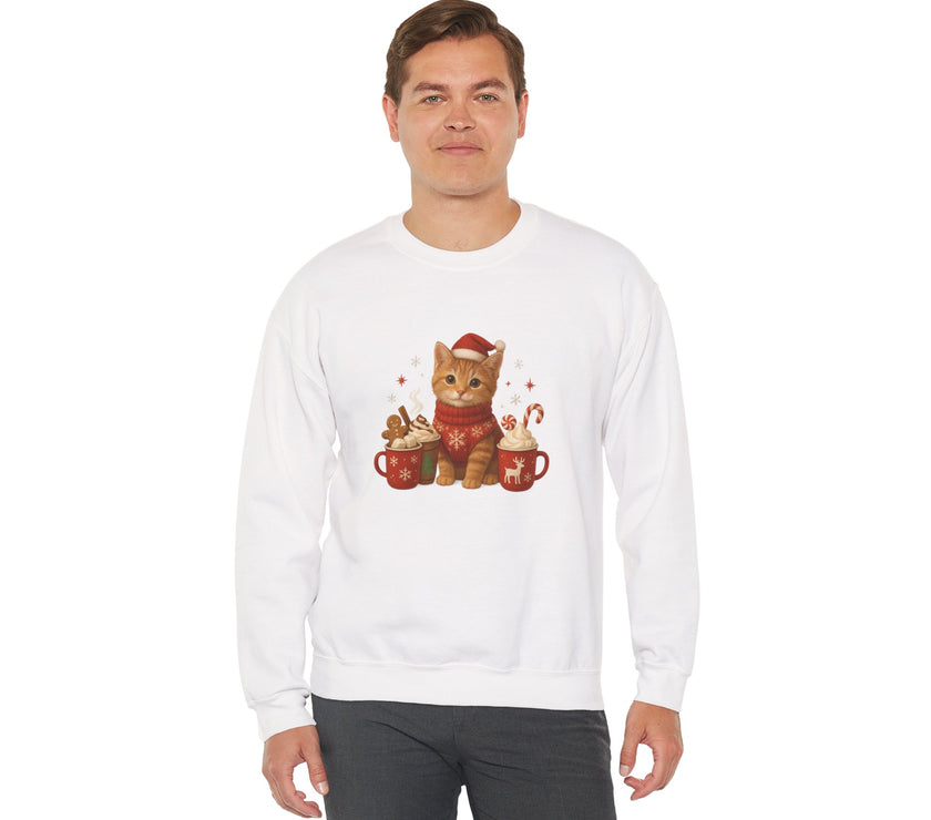 Man wearing a white sweatshirt with a Christmas-themed cat design on a white background