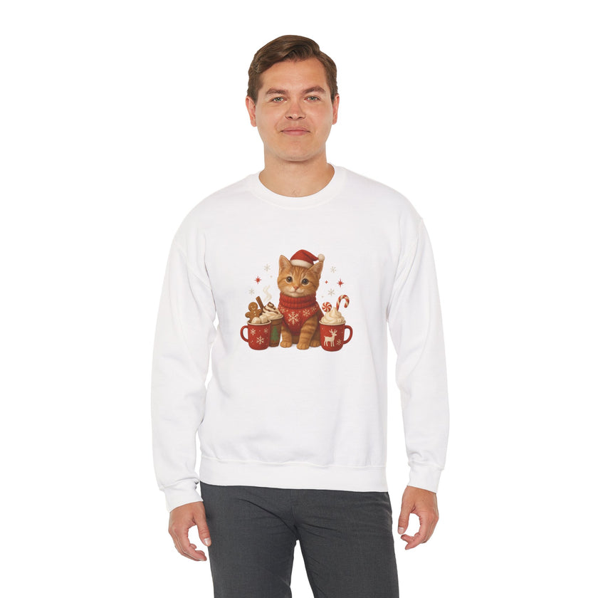 Man wearing a white sweatshirt with a Christmas-themed cat design on a white background