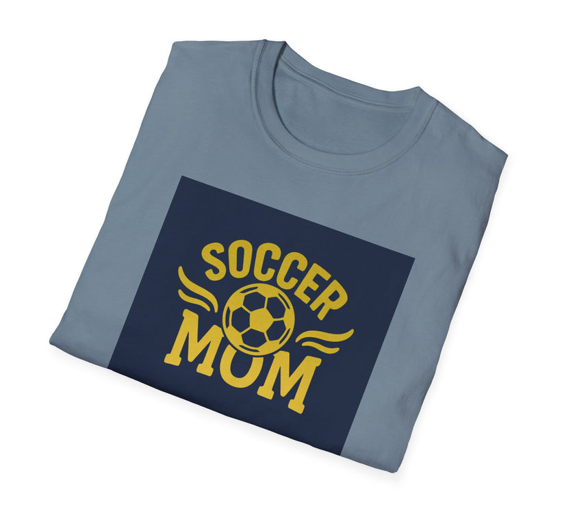 Folded t-shirt with 'Soccer Mum' text and soccer ball graphic on a white background