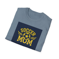 Folded t-shirt with 'Soccer Mum' text and soccer ball graphic on a white background