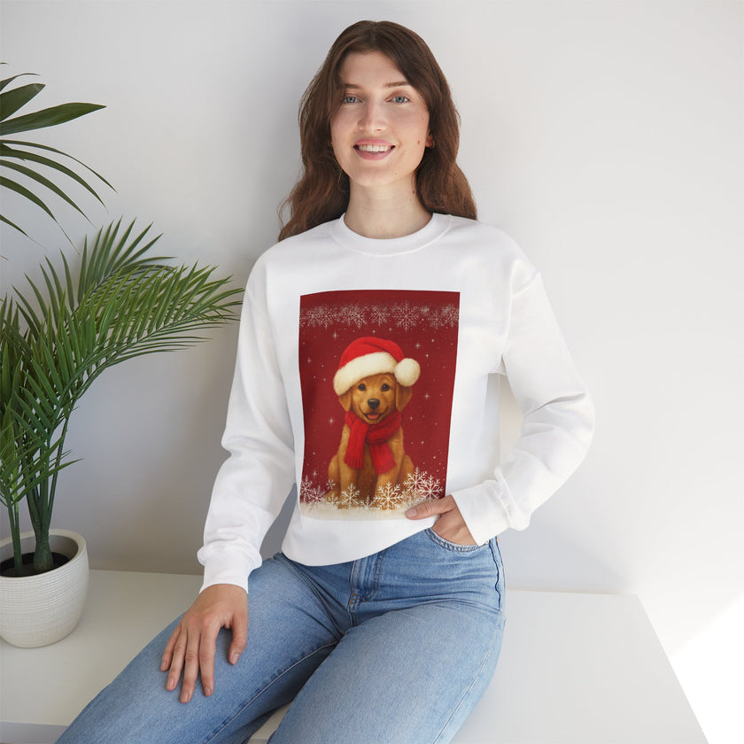 Woman wearing a white sweatshirt with a Christmas-themed dog design, sitting in a room with a plant.