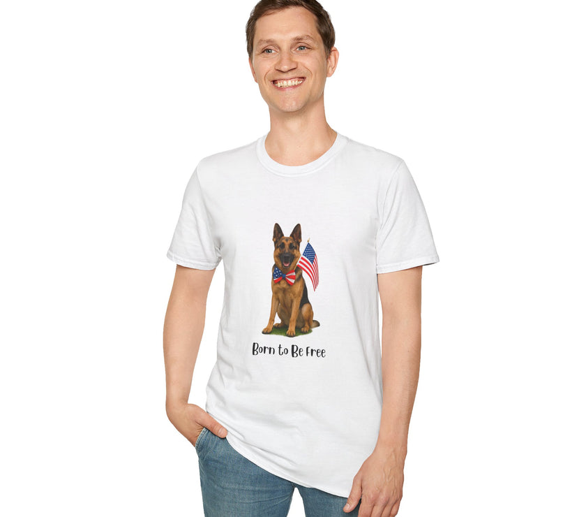 White t-shirt featuring a patriotic German Shepherd wearing an American flag bowtie and holding U.S. flags, with the phrase "Born to Be Free" printed below — perfect for dog lovers and patriotic Americans.