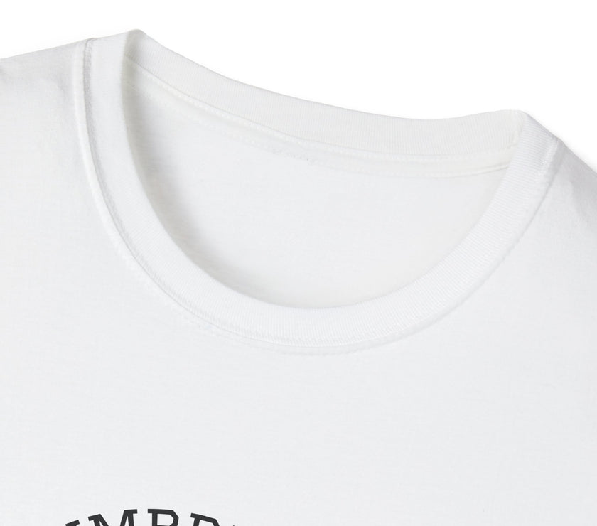 Close-up of a white t-shirt with 'NUMBEBEL' printed on it.