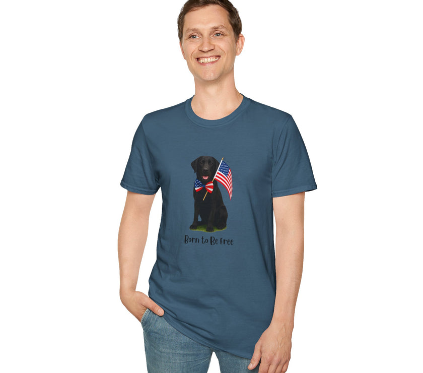 Indigo Blue t-shirt featuring a patriotic Black Lab wearing an American flag bowtie and holding U.S. flags, with the Black Labphrase "Born to Be Free" printed below — perfect for dog lovers and patriotic Americans.