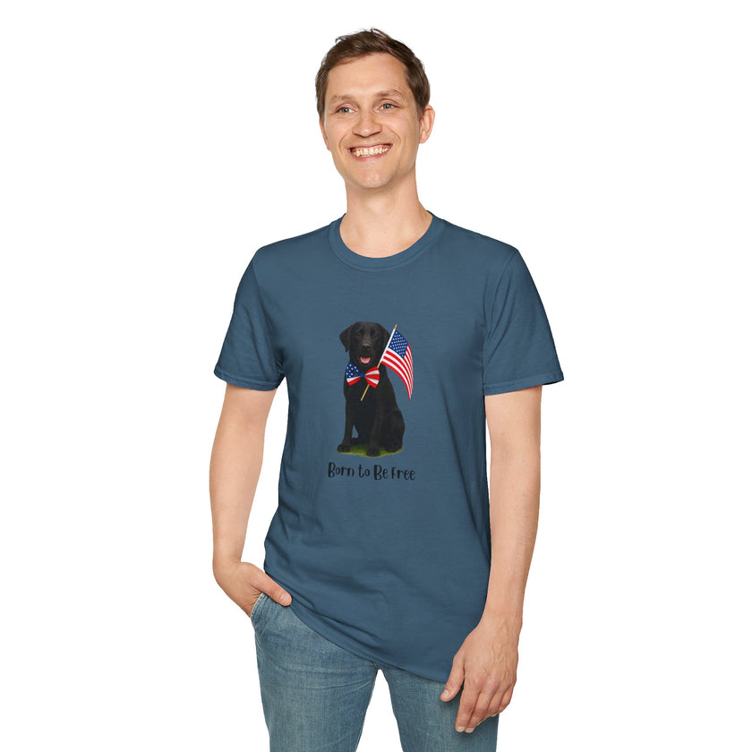 Indigo Blue t-shirt featuring a patriotic Black Lab wearing an American flag bowtie and holding U.S. flags, with the Black Labphrase "Born to Be Free" printed below — perfect for dog lovers and patriotic Americans.