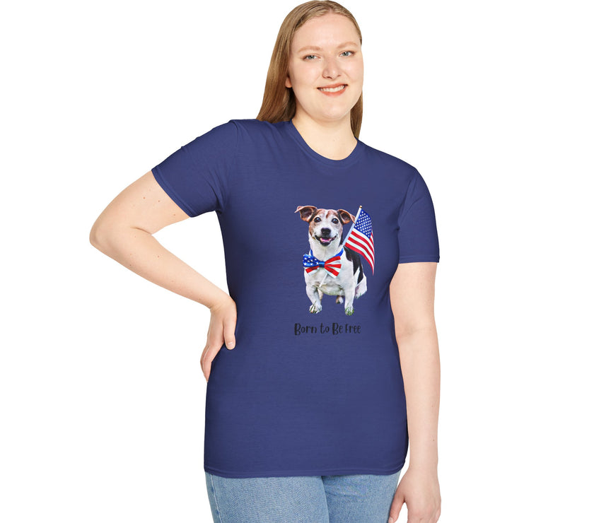 Female wearing T-shirt featuring a cute  puppy wearing an American flag bow tie and holding a small U.S. flag, with the phrase 'Born to Be Free' printed below the image.