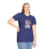 Female wearing T-shirt featuring a cute  puppy wearing an American flag bow tie and holding a small U.S. flag, with the phrase 'Born to Be Free' printed below the image.