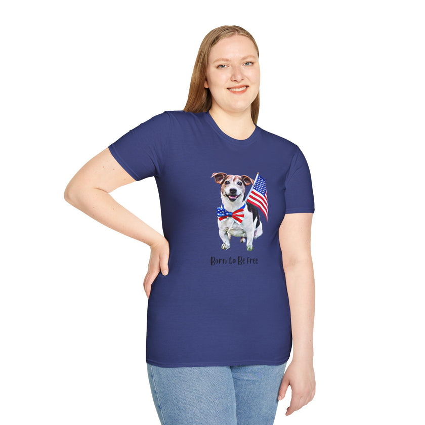 Female wearing T-shirt featuring a cute  puppy wearing an American flag bow tie and holding a small U.S. flag, with the phrase 'Born to Be Free' printed below the image.