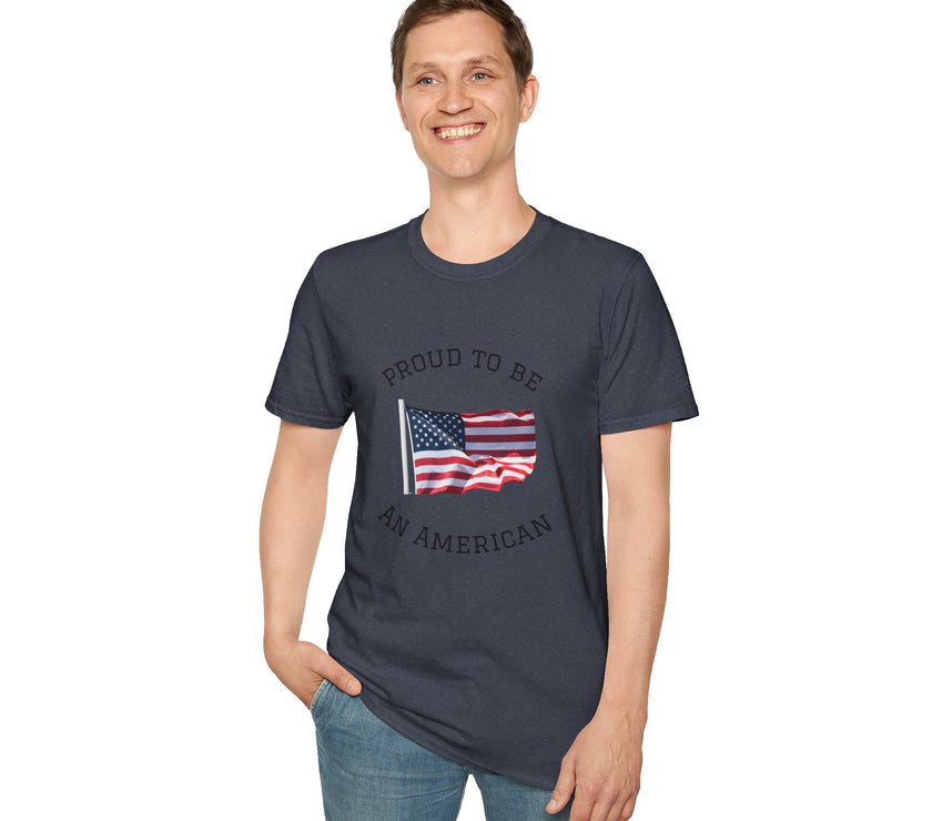 Young man  wearing a white t-shirt with an American flag graphic and the words 'Proud to Be an American' printed around the flag