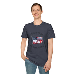 Young man  wearing a white t-shirt with an American flag graphic and the words 'Proud to Be an American' printed around the flag