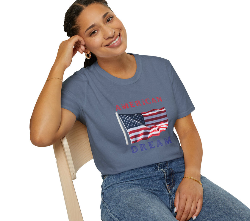 Female wearing T-shirt featuring an American flag graphic with the words 'AMERICAN DREAM' in red and blue text above and below the flag