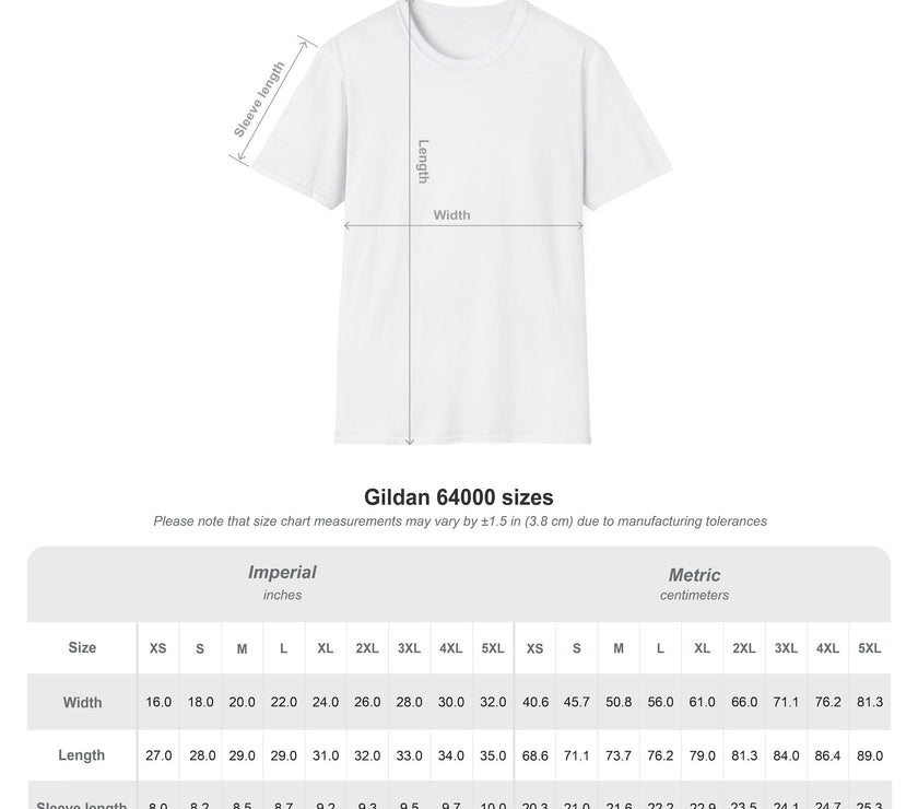 White t-shirt with size chart measurements on a white background
