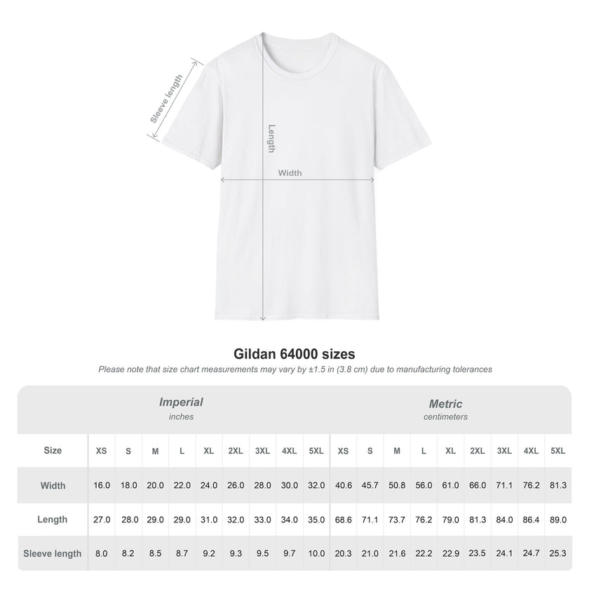 White t-shirt with size chart measurements on a white background