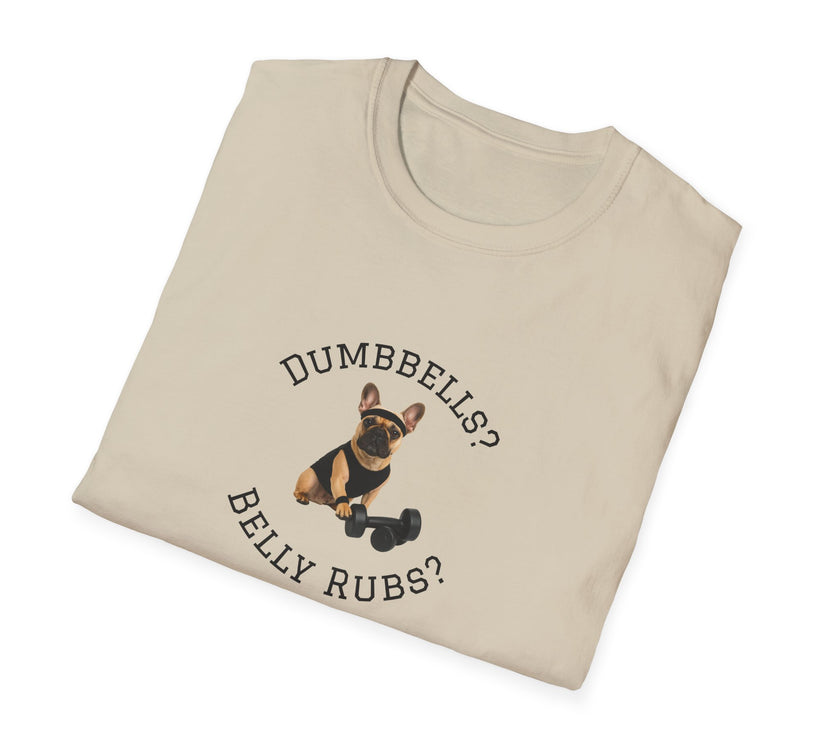 Beige t-shirt with a dog graphic and text on a white background