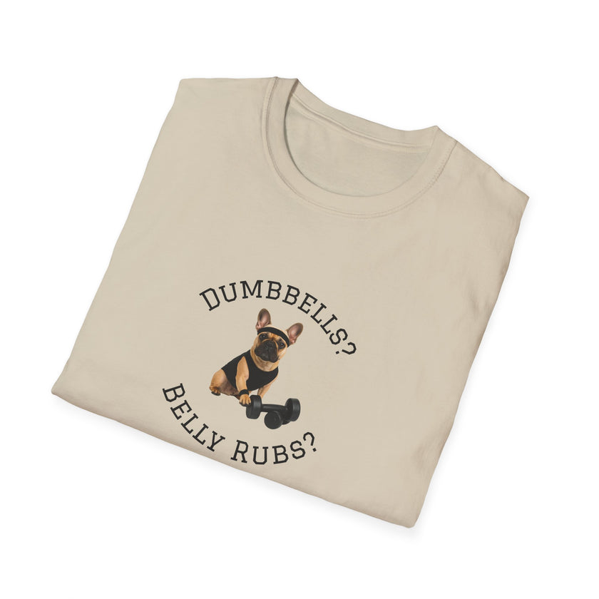 Beige t-shirt with a dog graphic and text on a white background