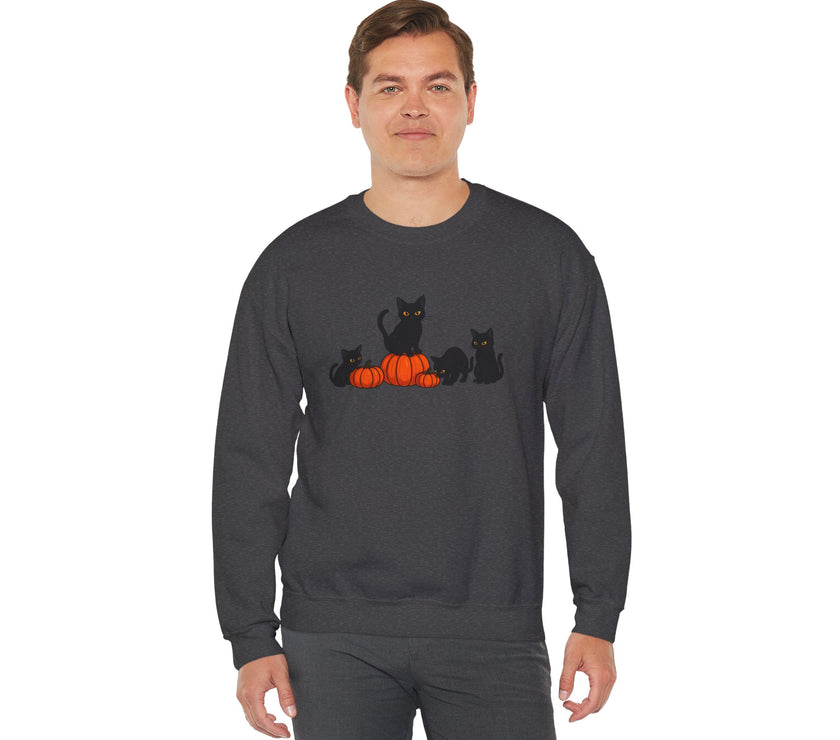 Man wearing a dark gray sweatshirt with Halloween-themed design on a white background