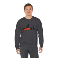 Man wearing a dark gray sweatshirt with Halloween-themed design on a white background