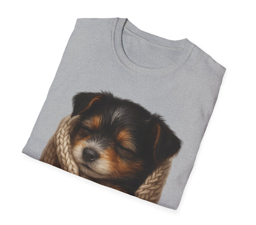 Folded gray t-shirt with a puppy design on a white background