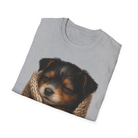 Folded gray t-shirt with a puppy design on a white background