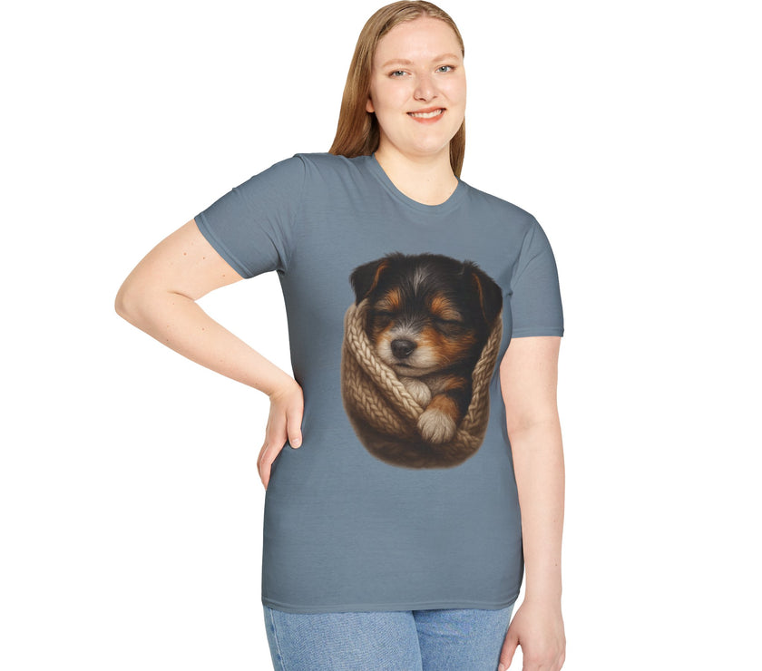 Person wearing a gray t-shirt with a dog graphic on a white background