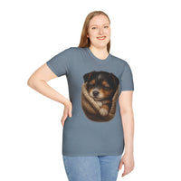 Person wearing a gray t-shirt with a dog graphic on a white background