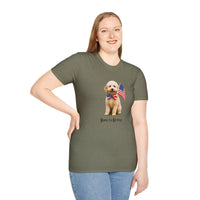 Female wearing T-shirt featuring a cute golden doodle puppy wearing an American flag bow tie and holding a small U.S. flag, with the phrase 'Born to Be Free' printed below the image.