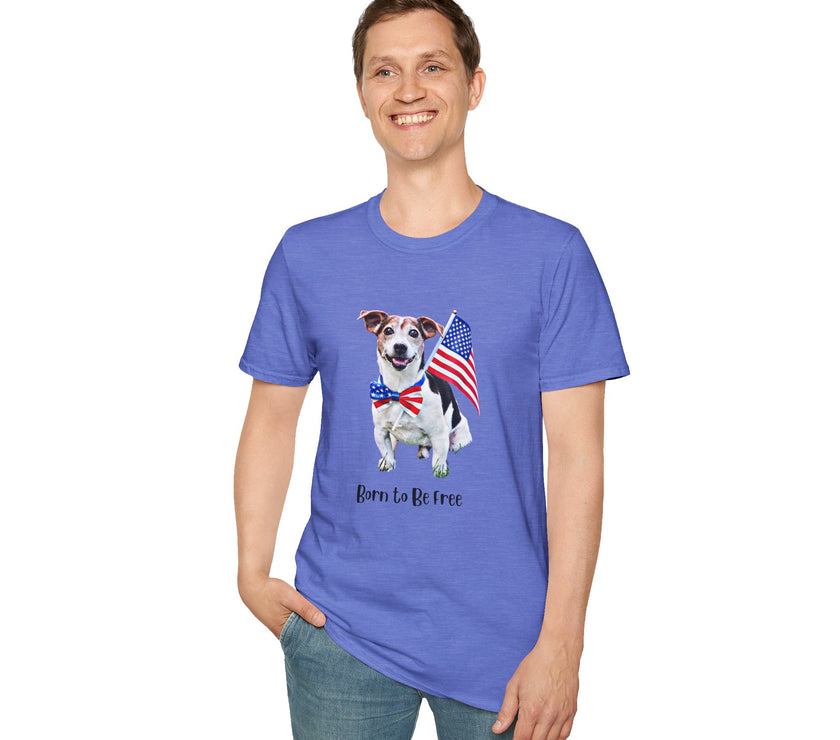 Male wearing T-shirt featuring a cute golden doodle puppy wearing an American flag bow tie and holding a small U.S. flag, with the phrase 'Born to Be Free' printed below the image.