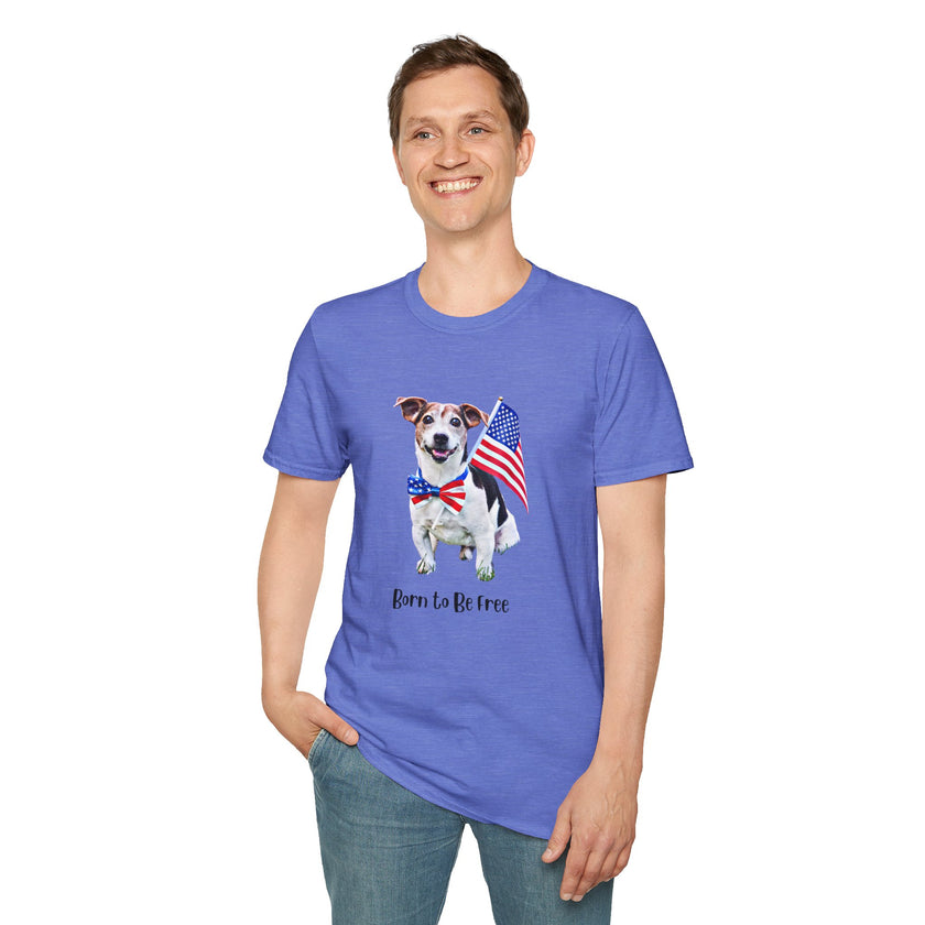 Male wearing T-shirt featuring a cute golden doodle puppy wearing an American flag bow tie and holding a small U.S. flag, with the phrase 'Born to Be Free' printed below the image.