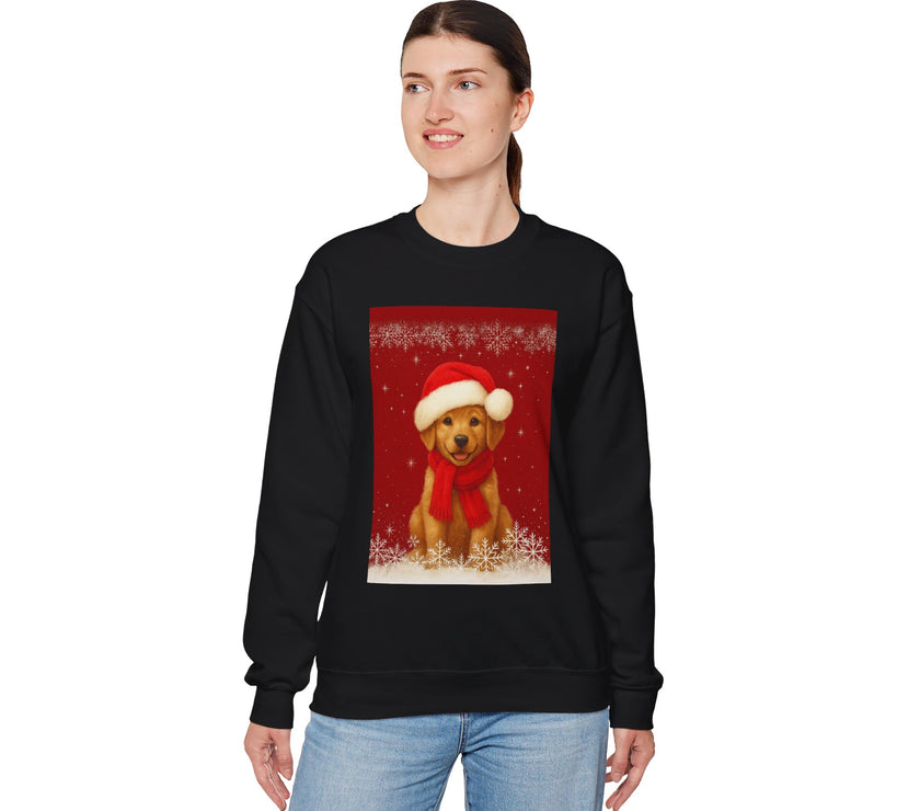 Person wearing a black sweatshirt with a Christmas-themed dog graphic on a white background