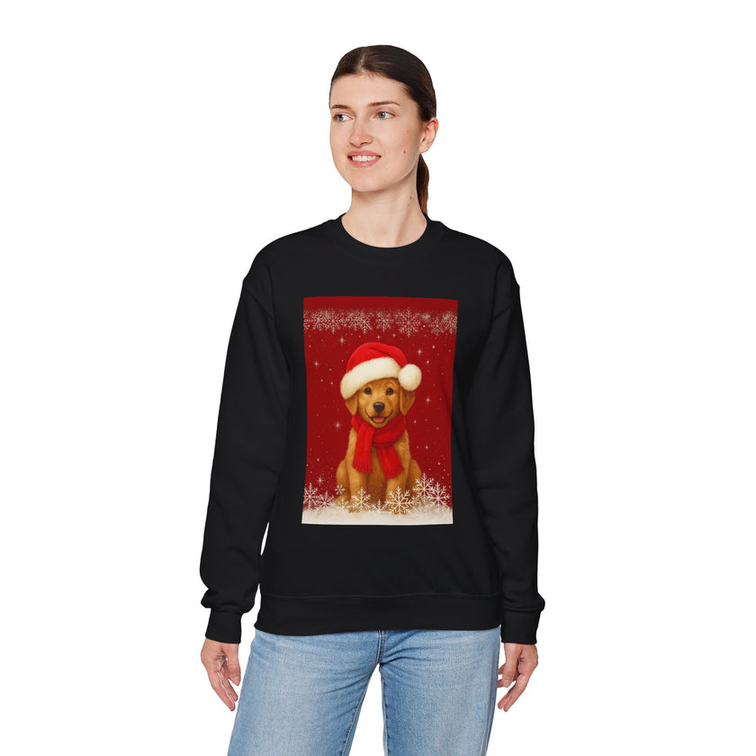 Person wearing a black sweatshirt with a Christmas-themed dog graphic on a white background