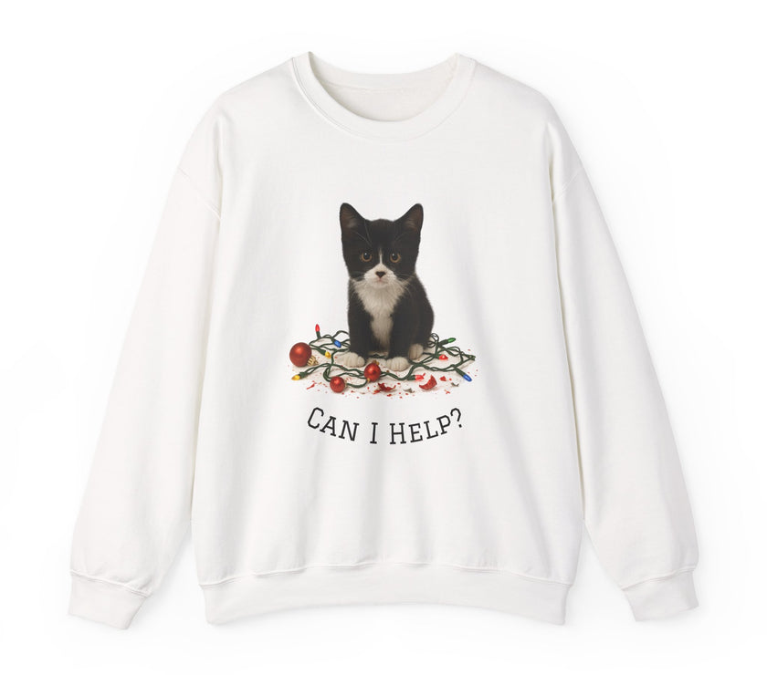 White sweatshirt with a cat graphic and 'Can I Help?' text on a white background