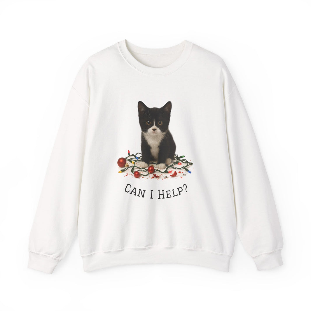 White sweatshirt with a cat graphic and 'Can I Help?' text on a white background