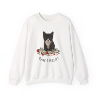 White sweatshirt with a cat graphic and 'Can I Help?' text on a white background