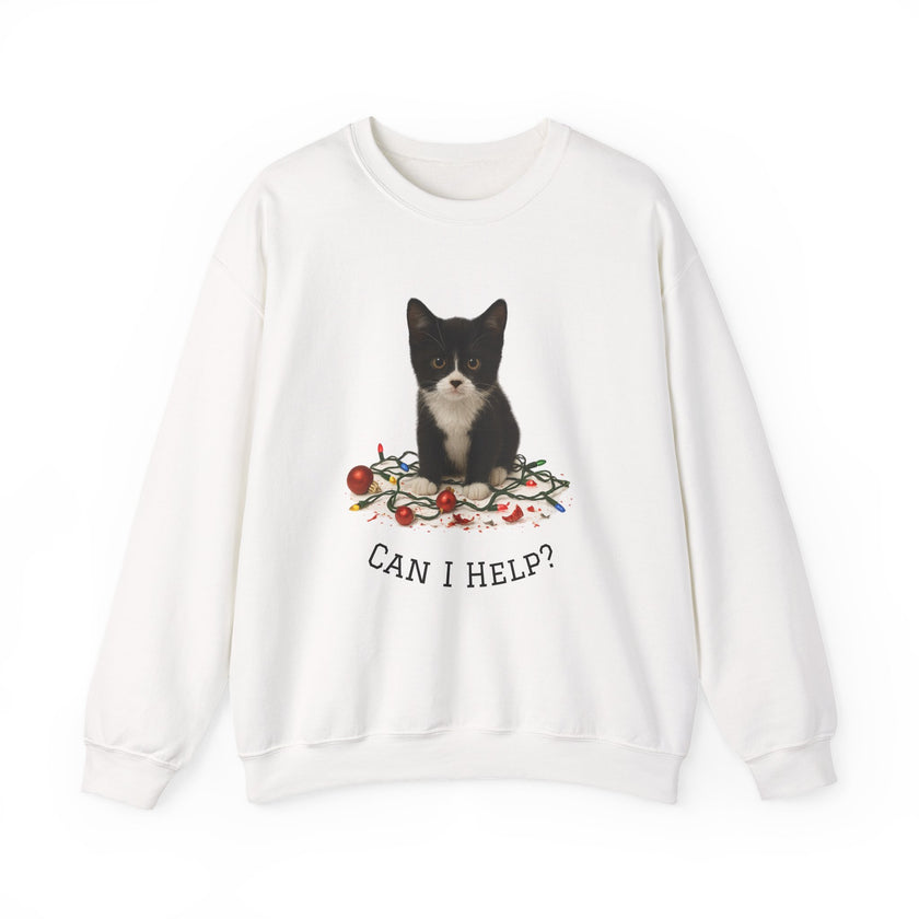 White sweatshirt with a cat graphic and 'Can I Help?' text on a white background
