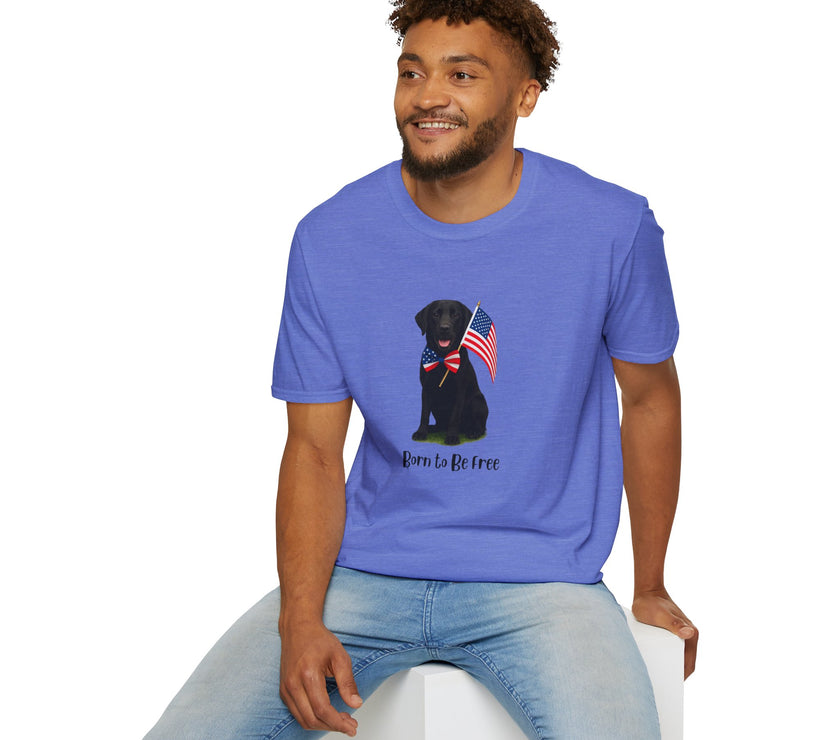 Heather Royal  t-shirt featuring a patriotic Black Lab wearing an American flag bowtie and holding U.S. flags, with the Black Lab phrase "Born to Be Free" printed below — perfect for dog lovers and patriotic Americans.