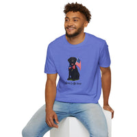 Heather Royal  t-shirt featuring a patriotic Black Lab wearing an American flag bowtie and holding U.S. flags, with the Black Lab phrase "Born to Be Free" printed below — perfect for dog lovers and patriotic Americans.