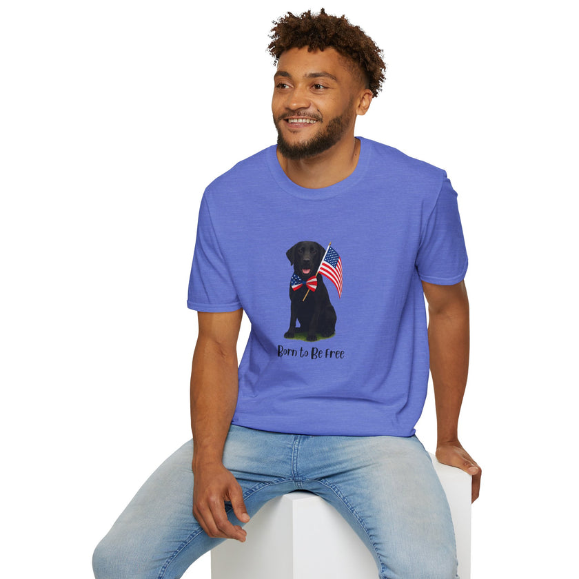 Heather Royal  t-shirt featuring a patriotic Black Lab wearing an American flag bowtie and holding U.S. flags, with the Black Lab phrase "Born to Be Free" printed below — perfect for dog lovers and patriotic Americans.