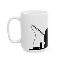 White ceramic mug featuring a silhouette of a child holding a fishing rod next to an adult figure, with the words "Happy Father's Day" in gold script above—an ideal gift for dads who love fishing and family time.