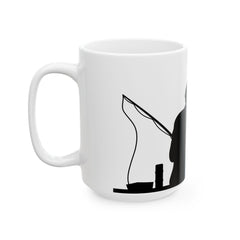 White ceramic mug featuring a silhouette of a child holding a fishing rod next to an adult figure, with the words "Happy Father's Day" in gold script above—an ideal gift for dads who love fishing and family time.