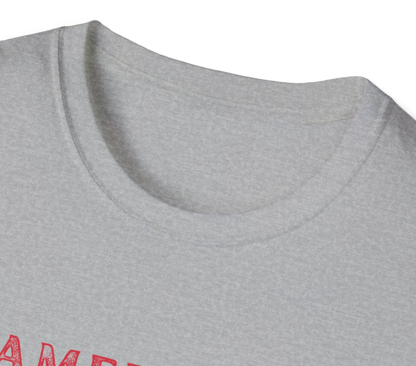  T-shirt (collar view) featuring an American flag graphic with the words 'AMERICAN DREAM' in red and blue text above and below the flag
