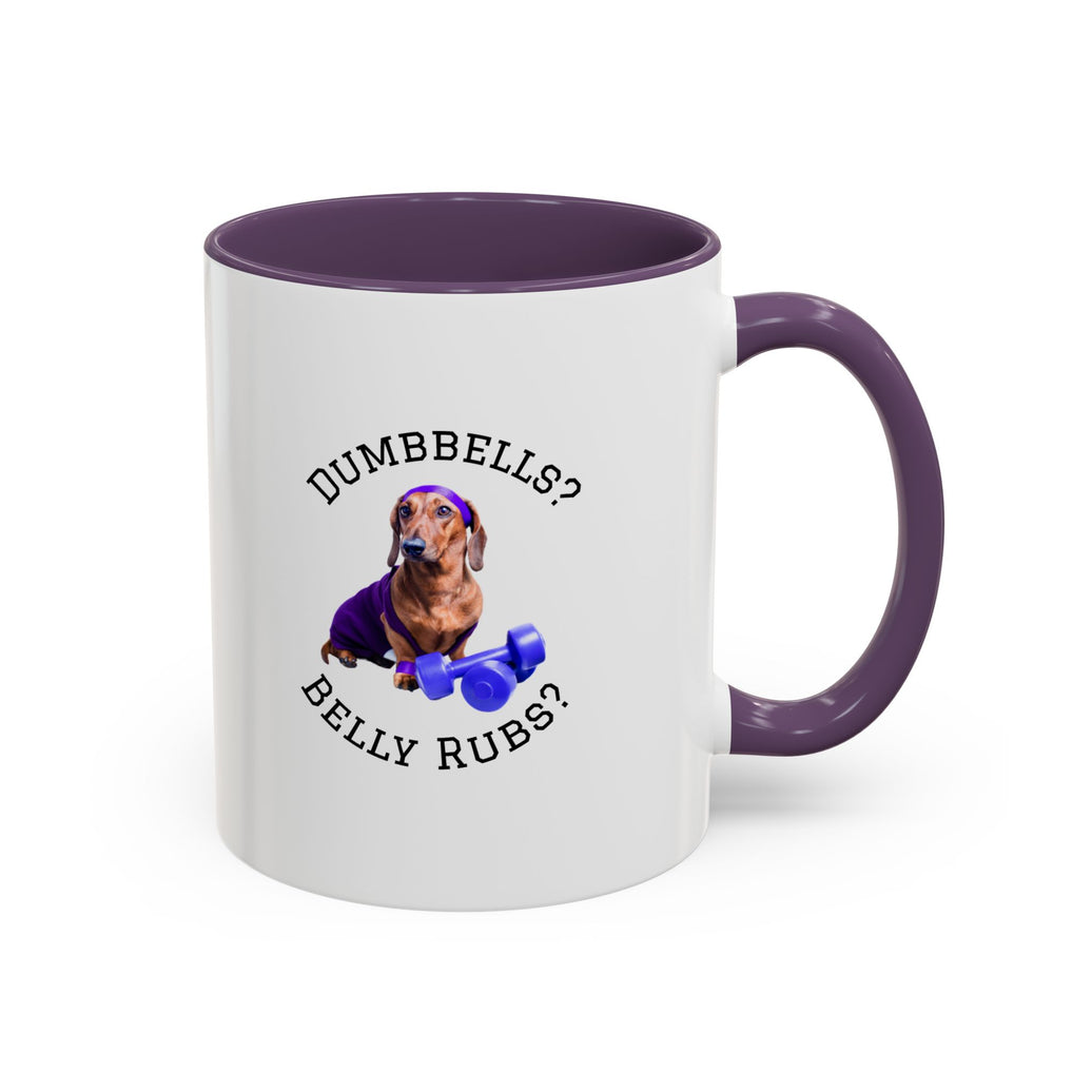 Two tone ceramic mug featuring a dachshund next to dumbbells and the humorous text 'Dumbbells? Belly Rubs?', designed for dog lovers and fitness enthusiasts.