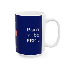 A ceramic mug featuring a Rottweiler sitting on grass, wearing a red, white, and blue bow tie, and holding an American flag against a dark blue background. with the message "Born to be Free"