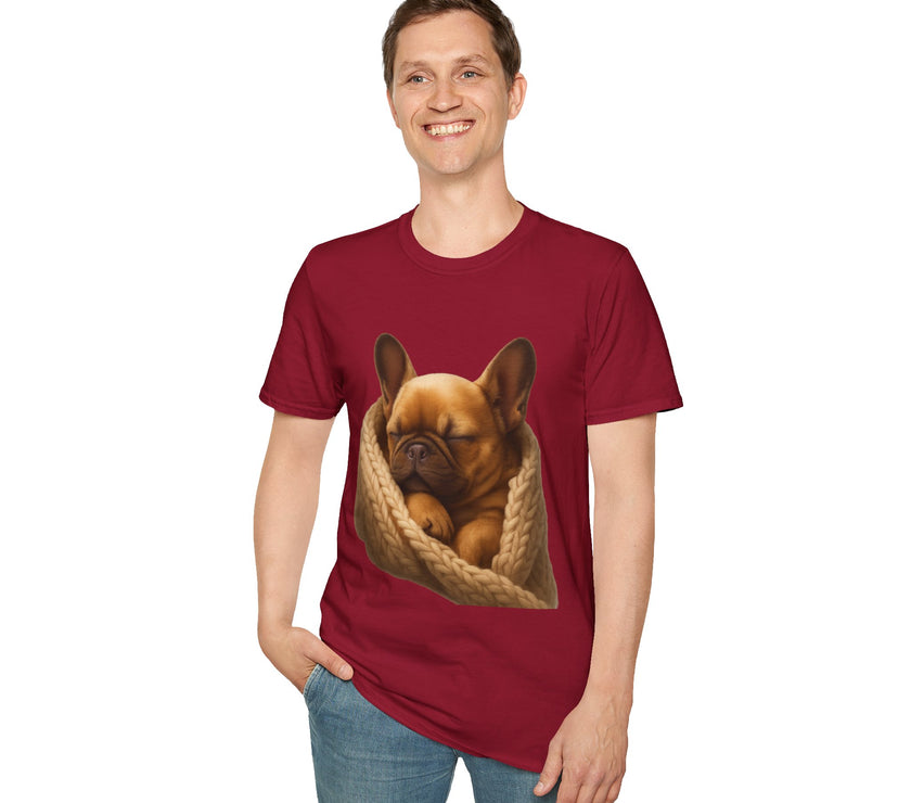 Man wearing a red t-shirt with a dog graphic on a white background
