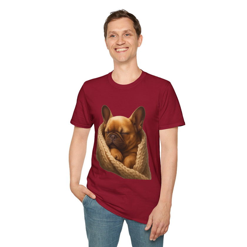Man wearing a red t-shirt with a dog graphic on a white background