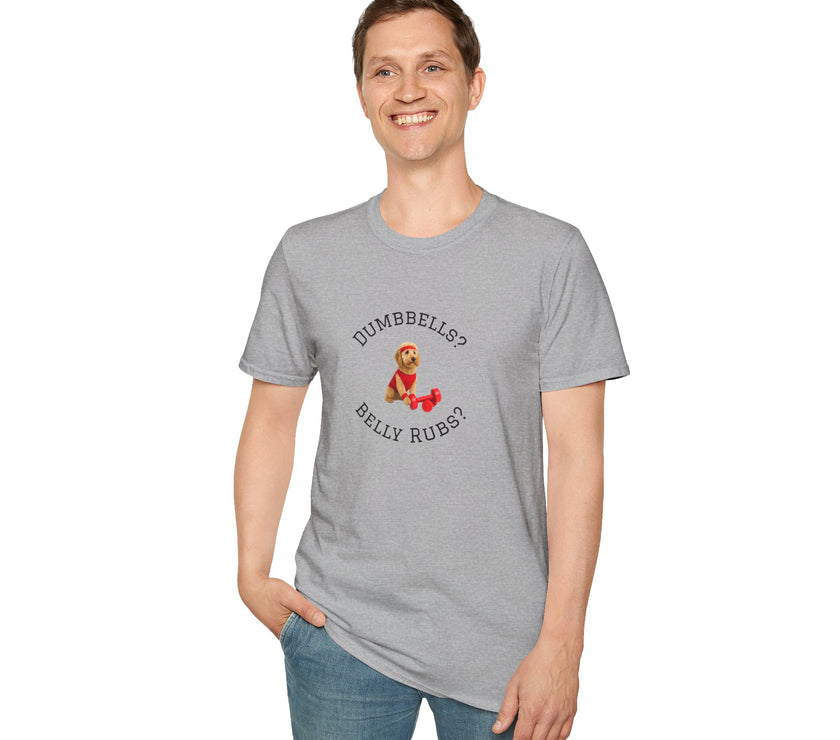 Person wearing a gray t-shirt with a graphic and text on a white background