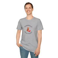 Person wearing a gray t-shirt with a graphic and text on a white background