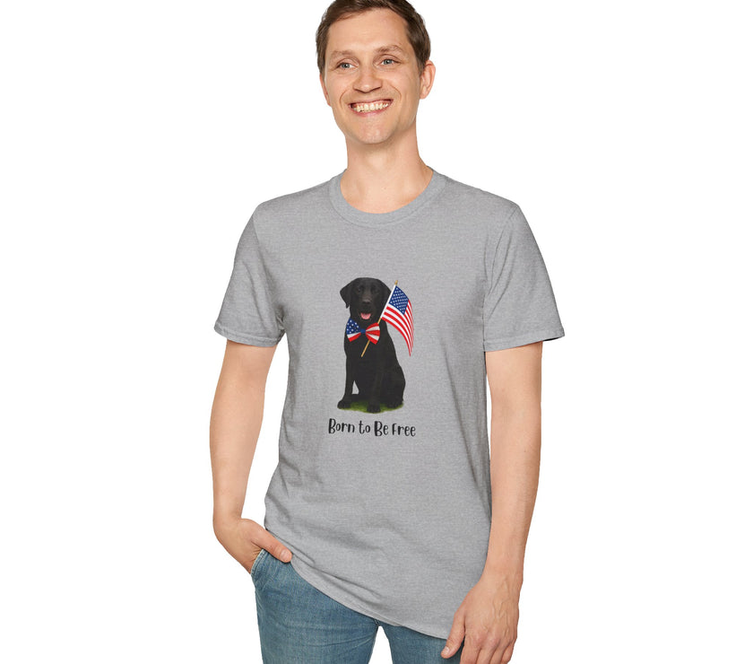 Sport Grrey t-shirt featuring a patriotic Black Lab wearing an American flag bowtie and holding U.S. flags, with the Black Lab phrase "Born to Be Free" printed below — perfect for dog lovers and patriotic Americans.