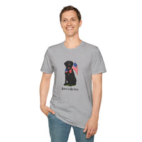 Sport Grrey t-shirt featuring a patriotic Black Lab wearing an American flag bowtie and holding U.S. flags, with the Black Lab phrase "Born to Be Free" printed below — perfect for dog lovers and patriotic Americans.