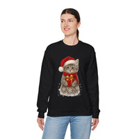 Black sweatshirt featuring a gray kitten wearing a Santa hat and red scarf, holding a small red gift box with a gold bow, surrounded by snowflake designs.